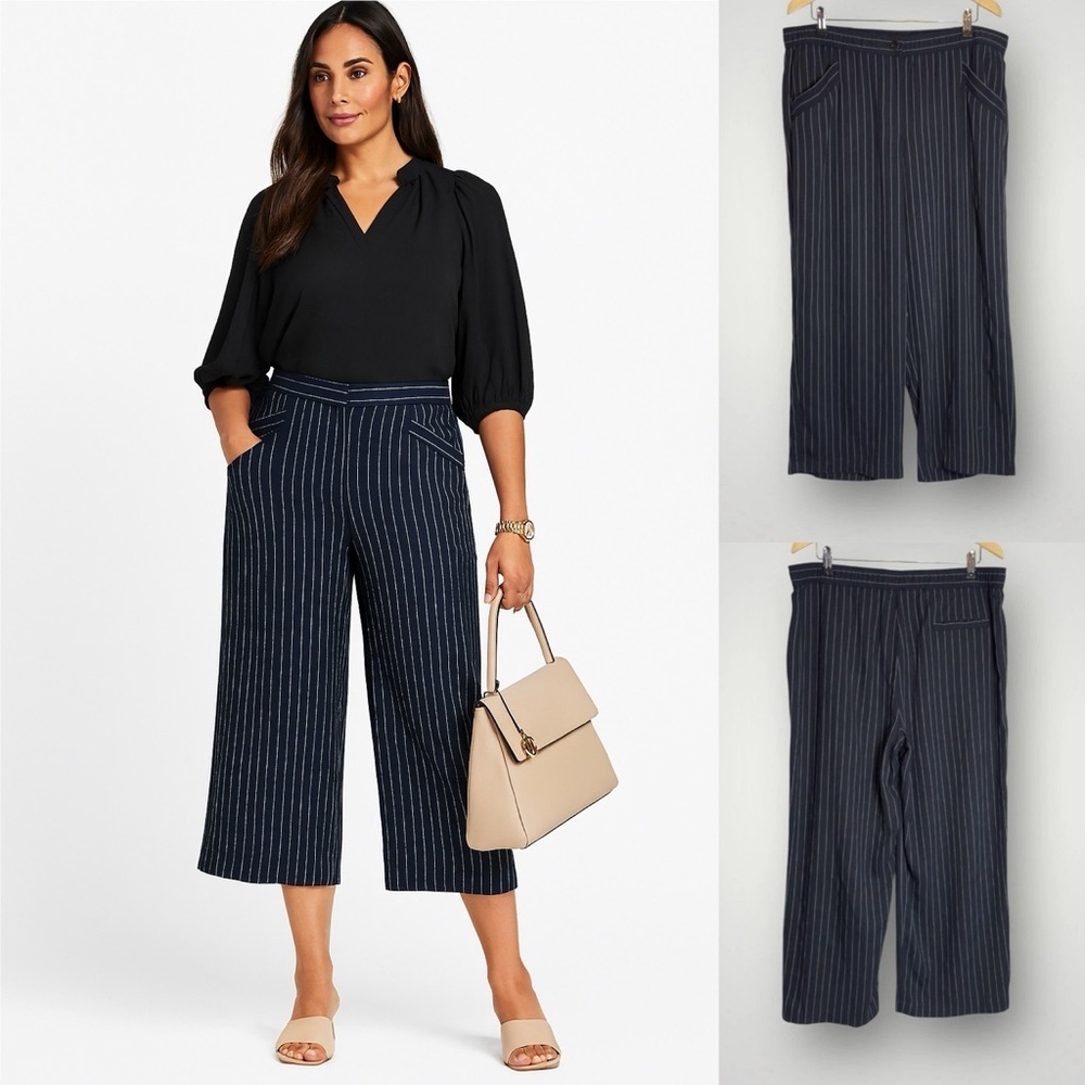 Eileen Fisher Indigo Pinstripe Crop Pants Large Wide Leg Tencel Blend Navy White